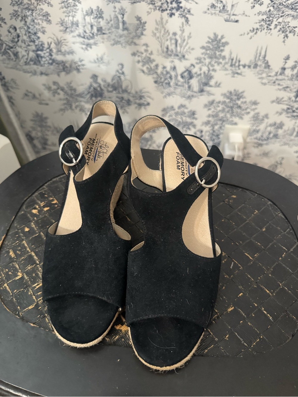 Life Stride Black Suede Wedge Sandals with Buckle